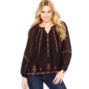 Lucky Brand Black Sheer Blouse with Embroidery